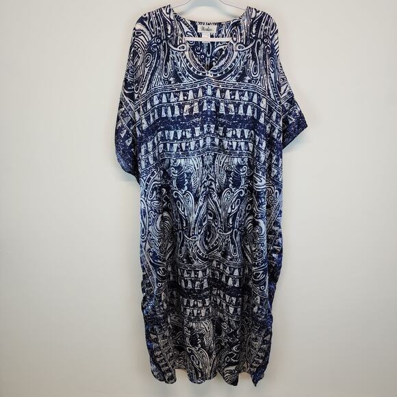 Vintage Winlar Satin Kaftan Moo Moo Mumu Porch Dress Blue Geometric One Size - Picture 4 of 9